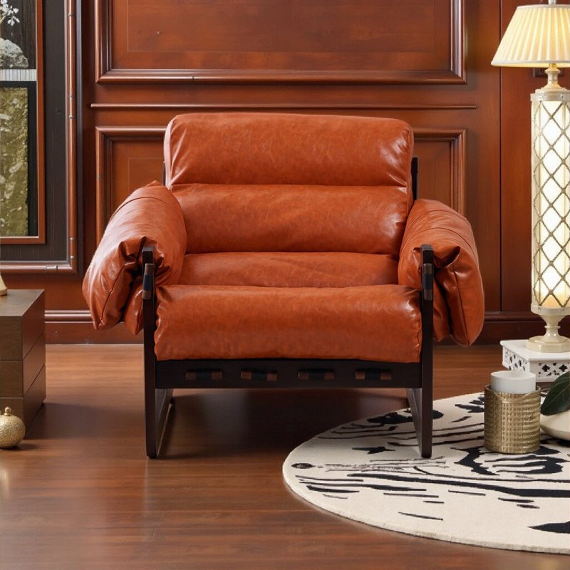 Fauteuil rétro en cuir ciré à l'huile - Confort de type nuage avec mortaise et menuiserie Tenon, Orange