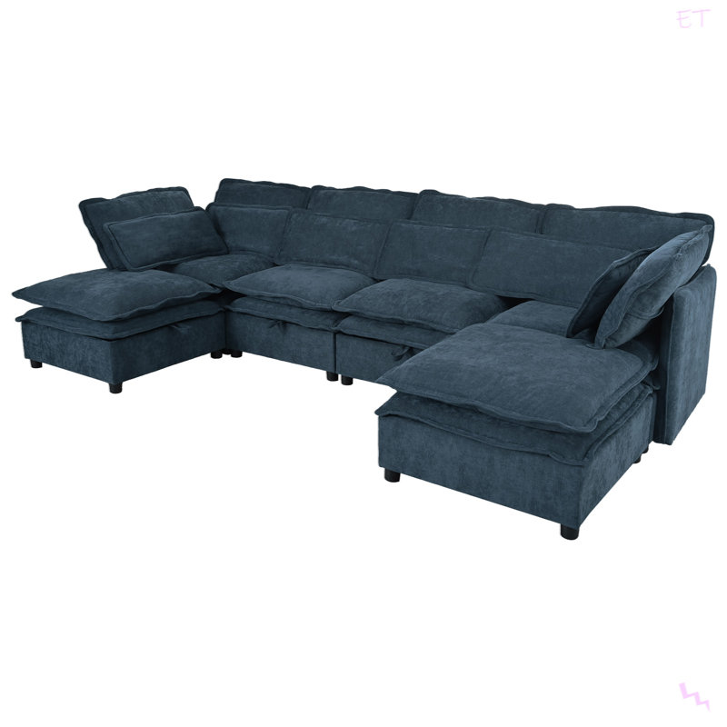 Double-Layer Cushion Modern Large U-Shaped Modular Sofa, Dark Blue