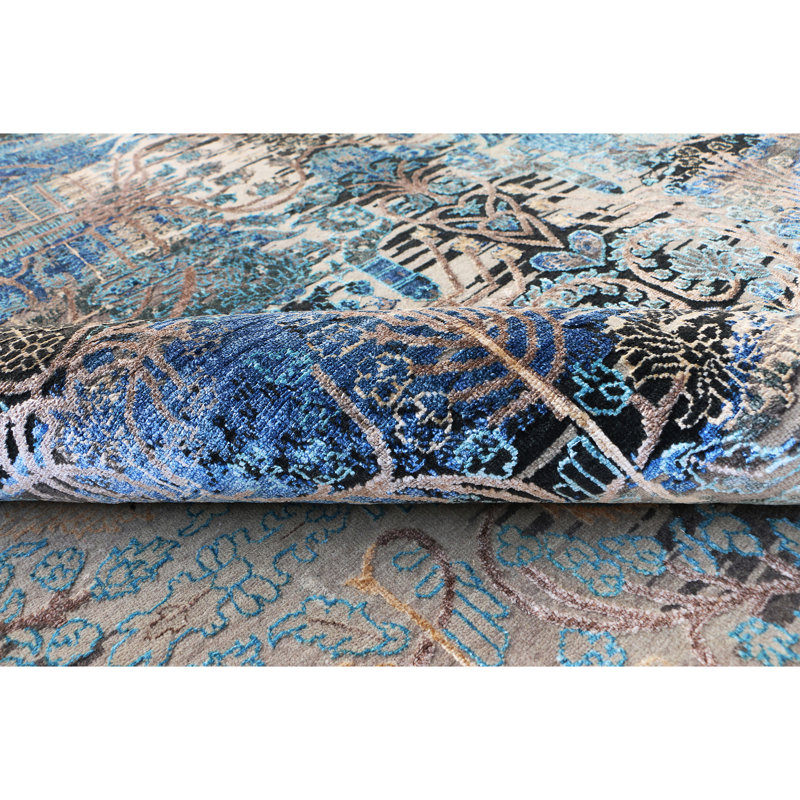 Hand Knotted Damask Area Rug in Blue/Gray/Black, Rectangle 9' x 12'