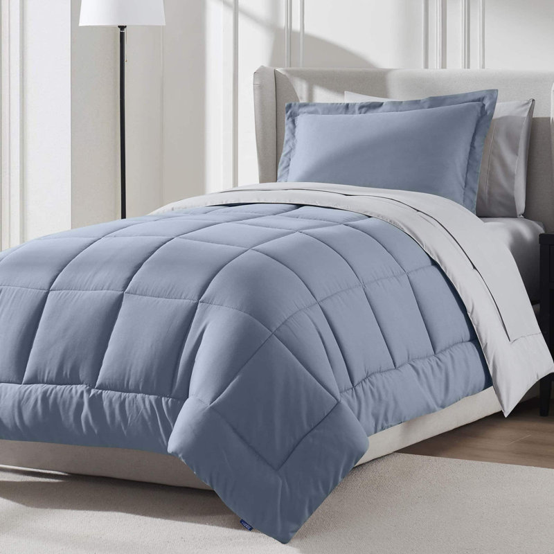 Bed-in-A-Bag Reversible Comforter Set with Bed Sheets, Stone Blue, Twin Comforter + 5 Additional Pieces