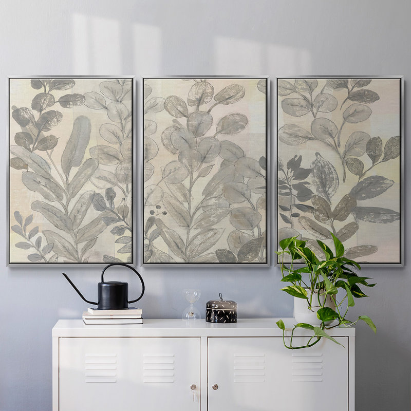 «Leaf Leaf I», reproduction encadrée sur toile 3 pièces, H 40 po x l 78 po x P 2 po, Argent