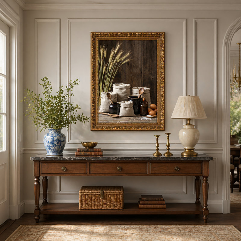 Art mural en toile noyer doré encadré pour le salon, la chambre à coucher, le bureau ou le vestibule - Décoration murale décorative avec cuisine rustique