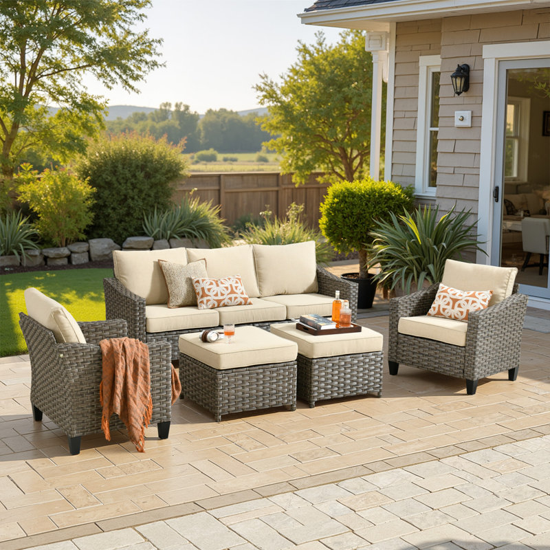 7-person Outdoor Seating Group With Cushions , All-weather Wicker Patio Set, Beige