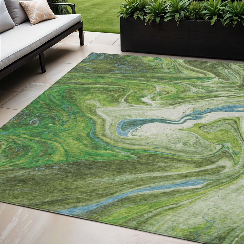 Tapis extérieur lavable abstrait 5 pi x 8 pi vert et bleu ivoire