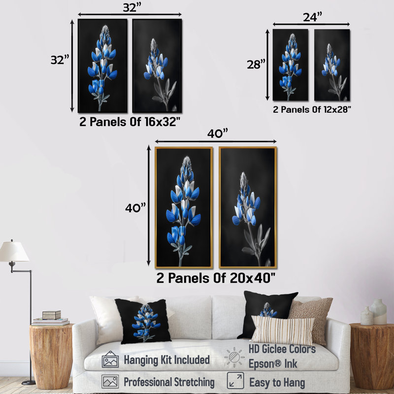 «Blue Bonnets Delicate Charm I», ensemble de 2 reproductions d'art sur toile, H 28 po x l 24 po, Cadre flottant blanc