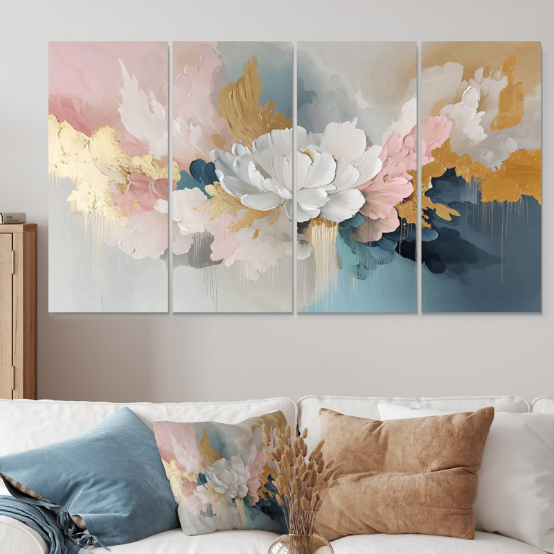 «White Brushstroke Abstract Paint III», ensemble d'art mural pivoines, H 28 po x l 48 po