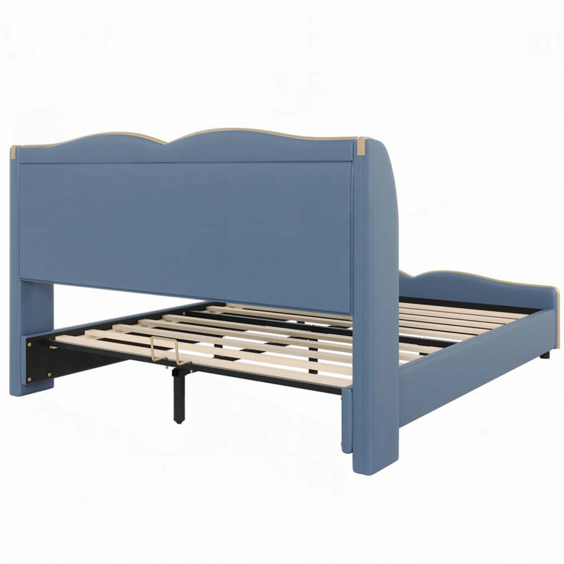 Leather Upholstered Bed Frame, Antique Blue, Queen