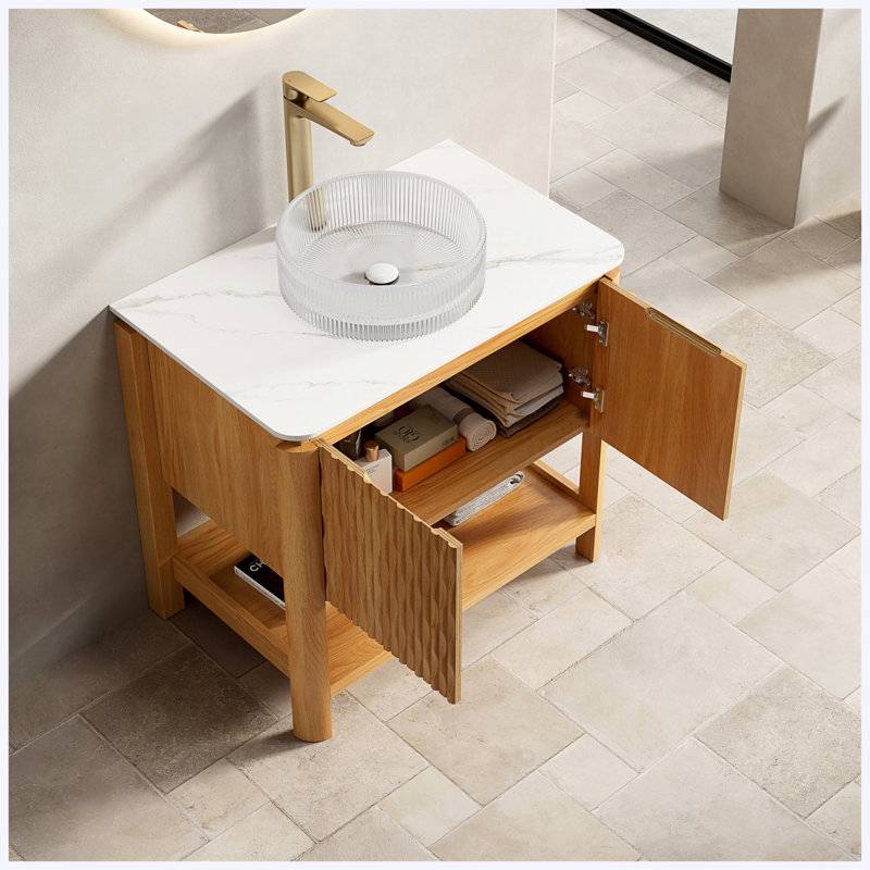 Meuble-lavabo autoportant de 30 po avec lavabo vasque rond en verre transparent, 2 portes en bambou texturé et tablette ouverte, plateau en pierre frittée blanc de Carrare, grain de bois