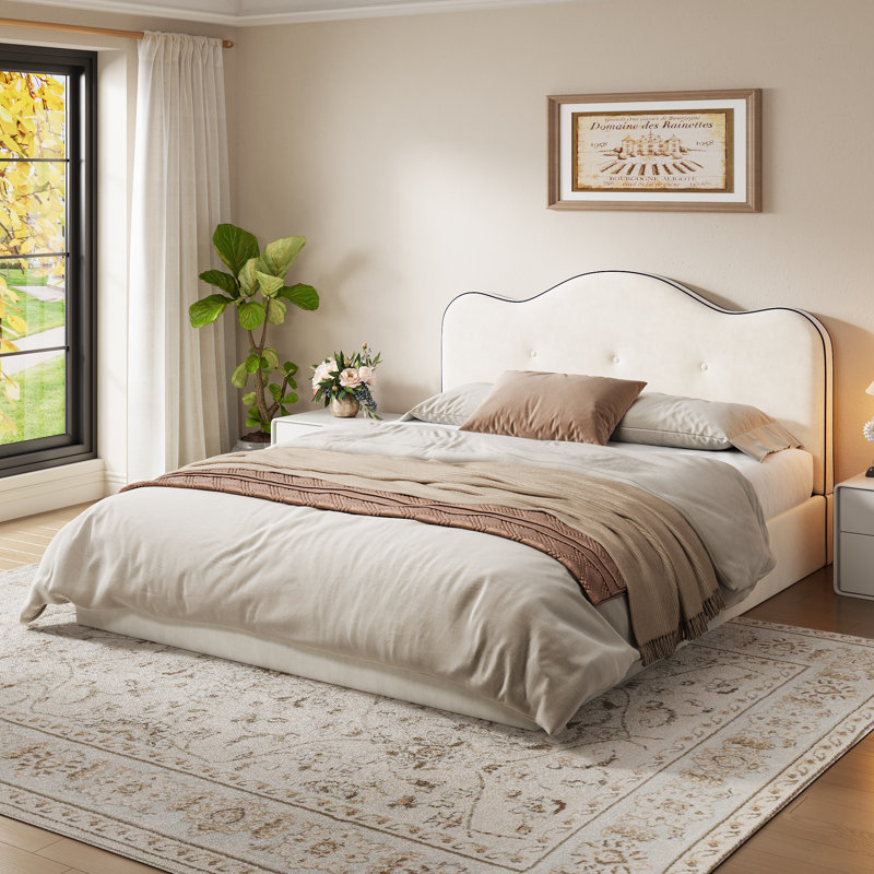 Très grand lit plateforme tapissier, beige, Très grand lit