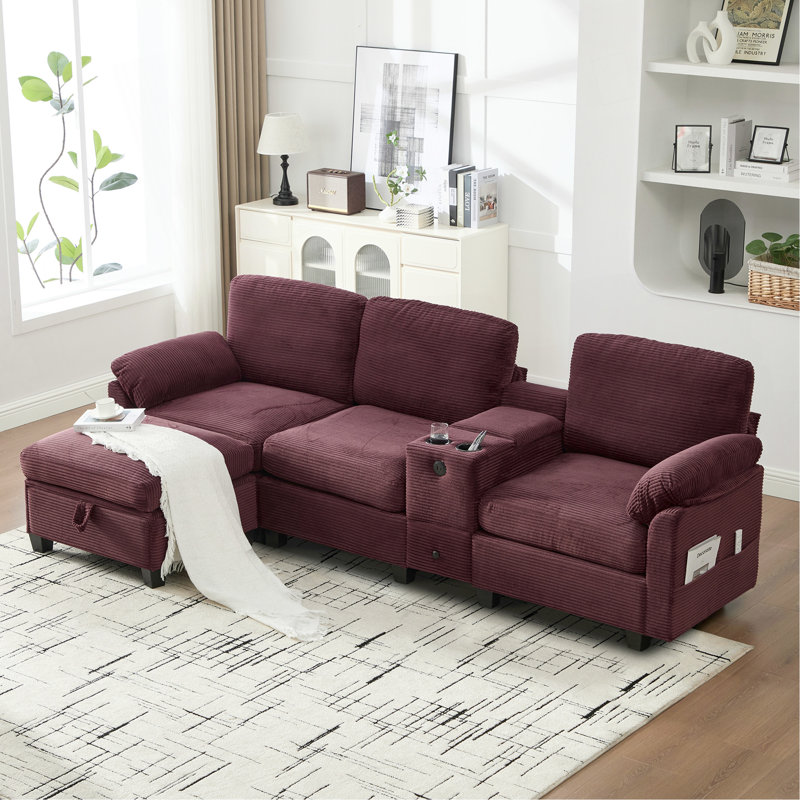 L-Type Multifunctional Corduroy Sofa: 4-Seater Segmented Design With Cup Holder/USB Interface/Storage Box, Equipped With Movable Console+Ottoman Style Storage Space, For Apt.