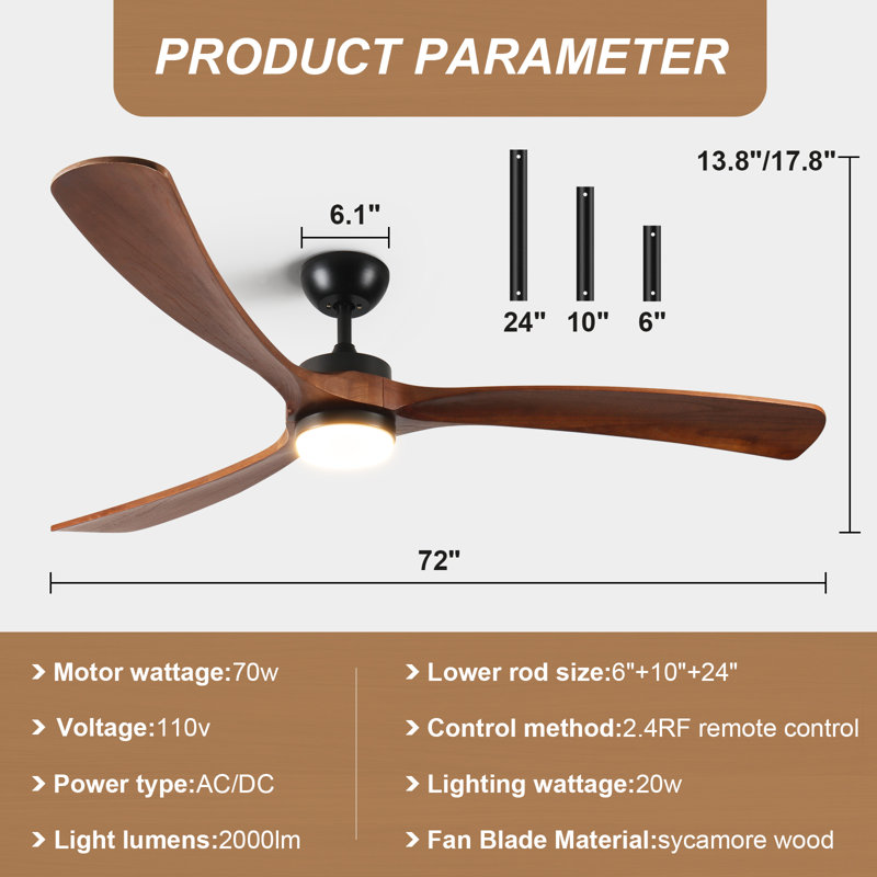 Ventilateur de plafond intelligent 72 pouces avec lumières et télécommande / commande APP, compatible avec le bois massif de couleur noyer à 3 pales Alexa / Google
