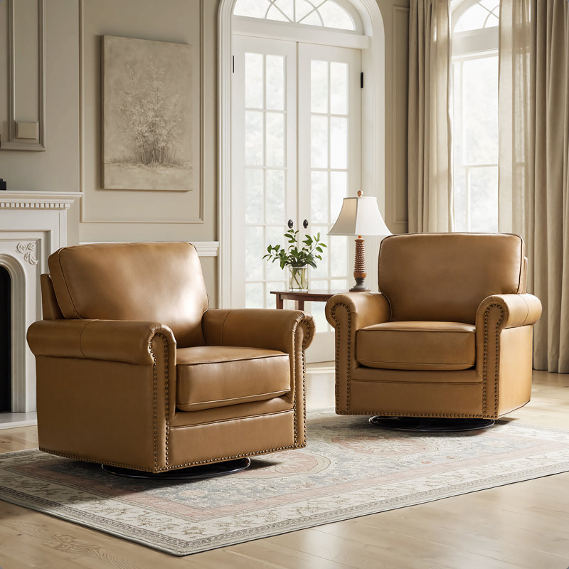 Ensemble de 2 chaises berçantes pivotantes en cuir véritable Auer, Chameau