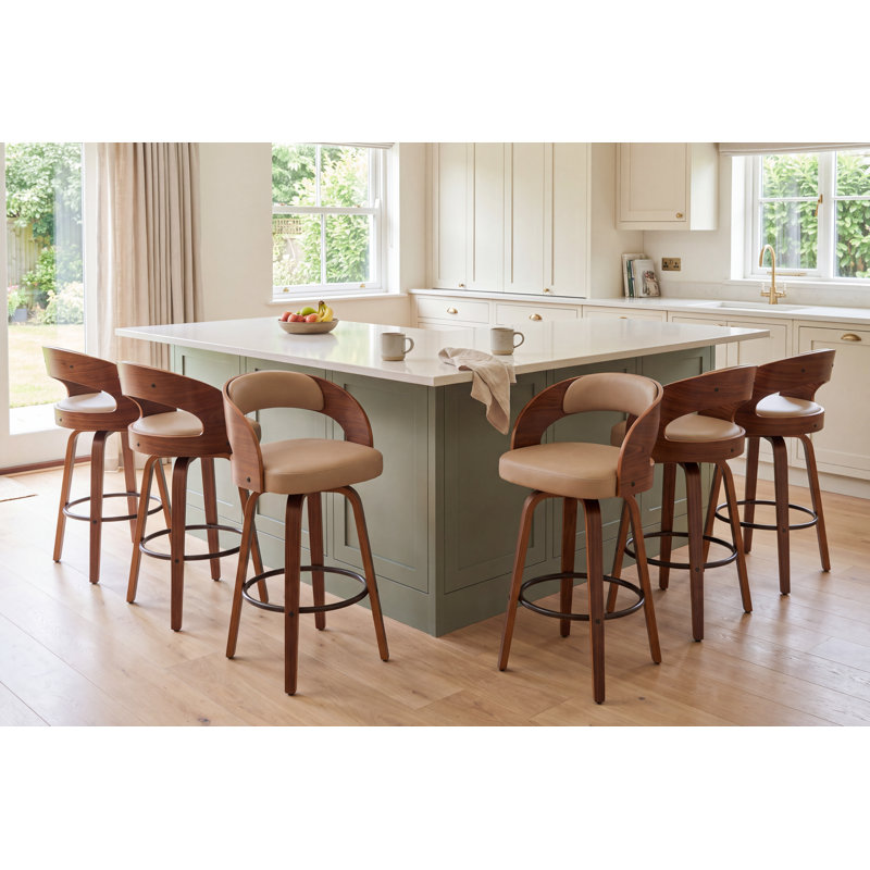 Tabouret de comptoir pivotant moderne de 26 po avec cadre en bois cintré, Beige