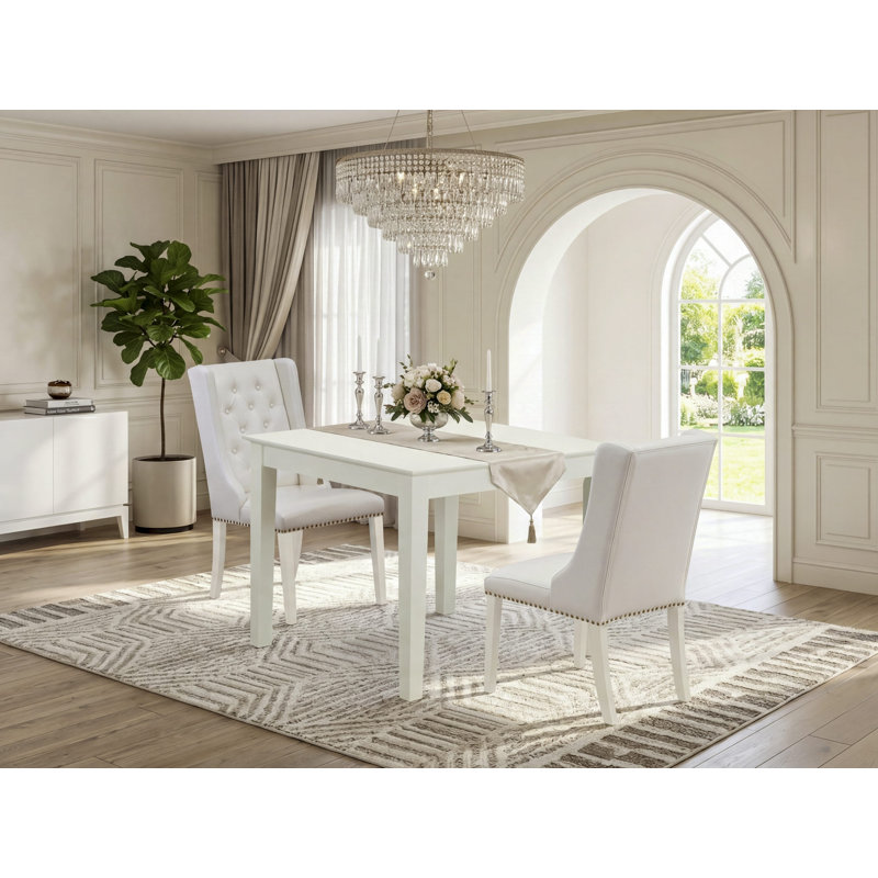 Gazaway Solid Wood Solid Wood Top Four Leg Dining Set, Linen White, White, 3 Pieces: 1 Table, 2 Chair