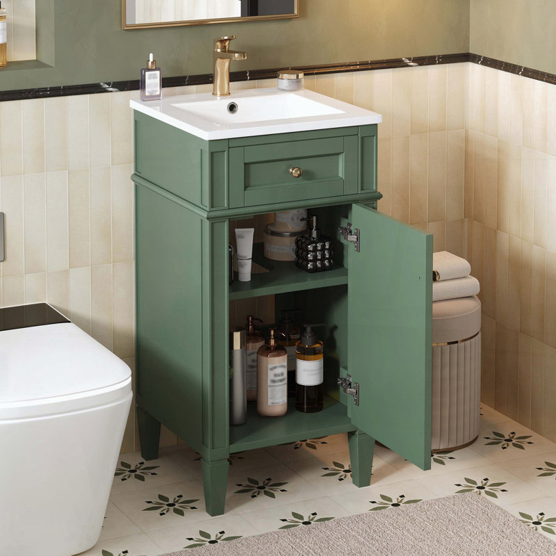 Meuble-lavabo sur pied avec lavabo en céramique, porte à fermeture amortie et pieds en bois massif, style français, vert
