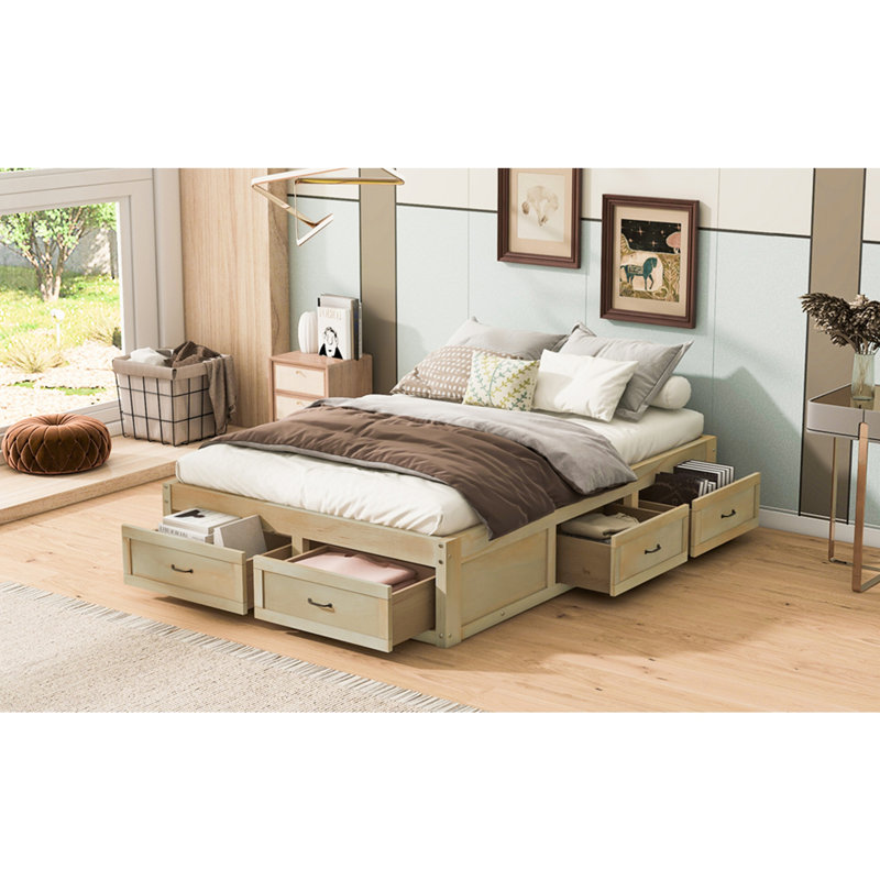 Lit plateforme avec 6 tiroirs de rangement, Naturel antique, Double