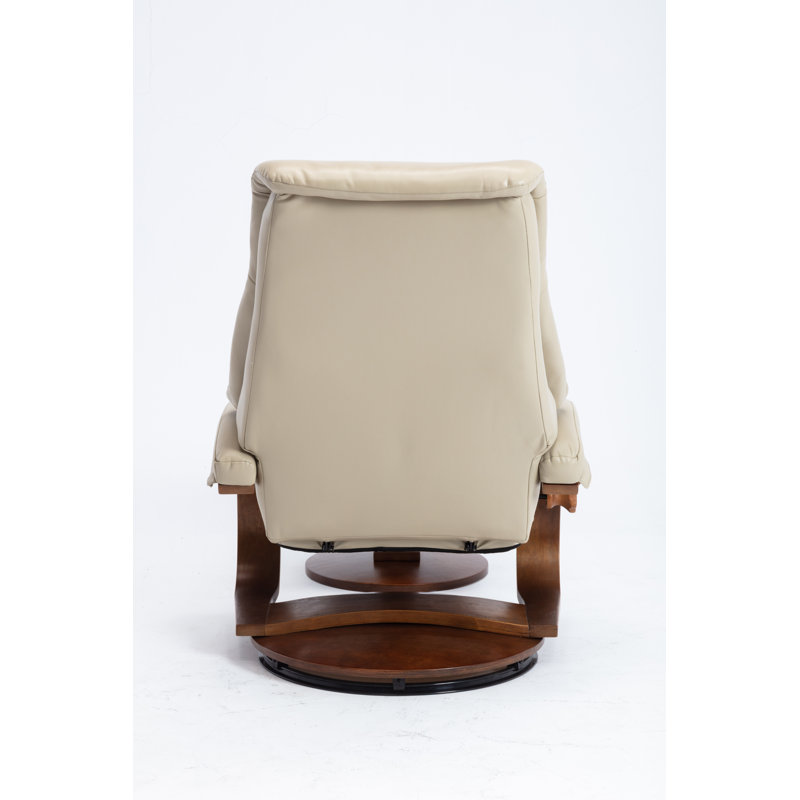 Beige Leather Swivel Recliner with Walnut Base and Ottoman