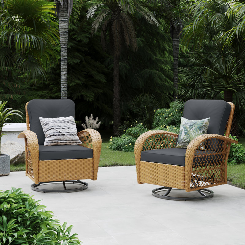 Chaise berçante d'extérieur en osier avec coussins Aksha, Gris, Beige