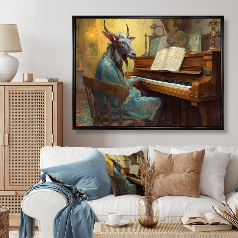 Chèvre jouant de la musique I - Impression, Cadre flottant noir, H 24 po x l 32 po x P 1 po