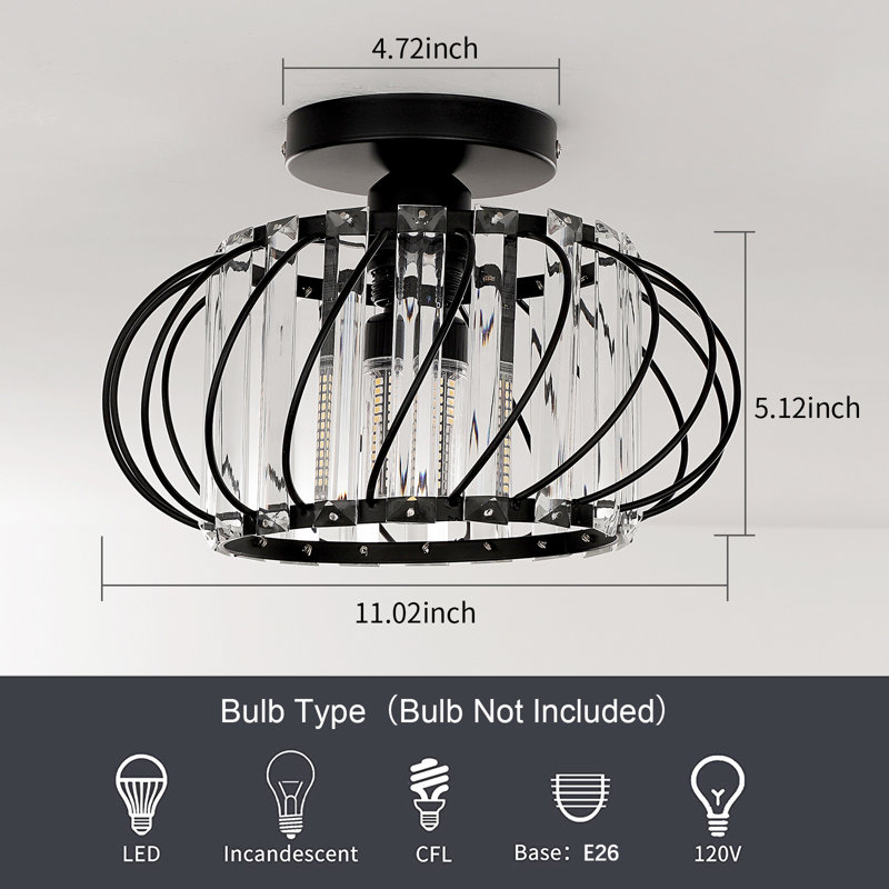 1-Light 11" Flush Mount Ceiling Light Modern Crystal Cage Black Fixture for Bedroom Hallyway Entryway, Black