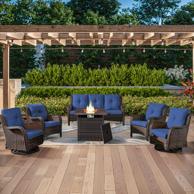 Schutt 7 - Person Outdoor Wicker/Rattan Seating Group with Fire pit and Cushions by Red Barrel Studio