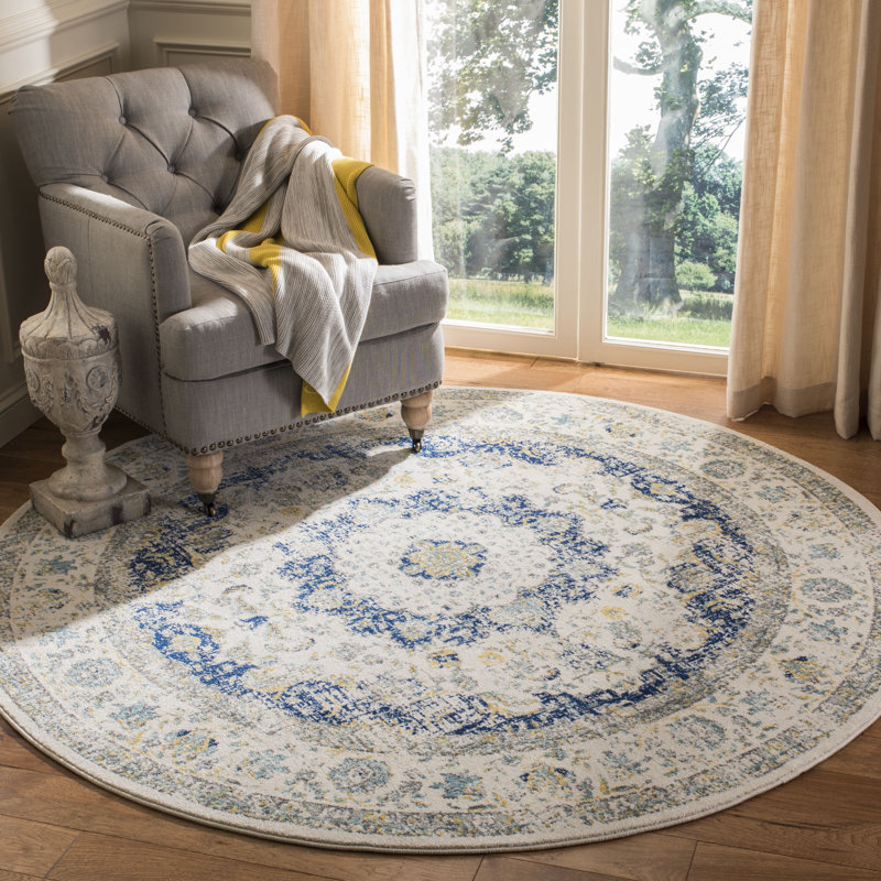 Annette Oriental Ivory/Blue Area Rug, Round 5'3"