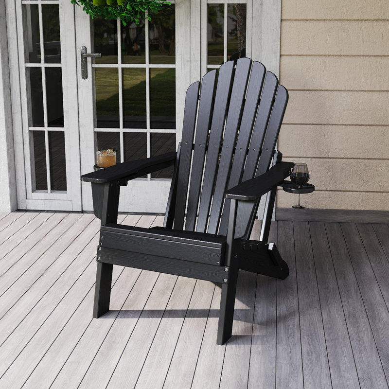Folding HDPE Adirondack Chair with Dual Cup Holders – All-Weather Outdoor Patio Chair, Black