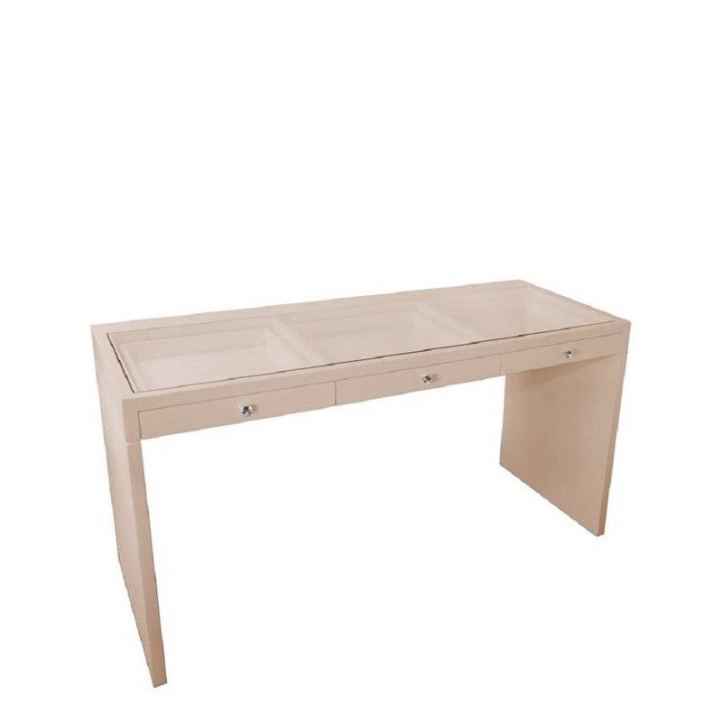 SlayStation Pro Glasstop Makeup Desk with 3 Drawers, Diamond Style Knobs, Champagne Gold