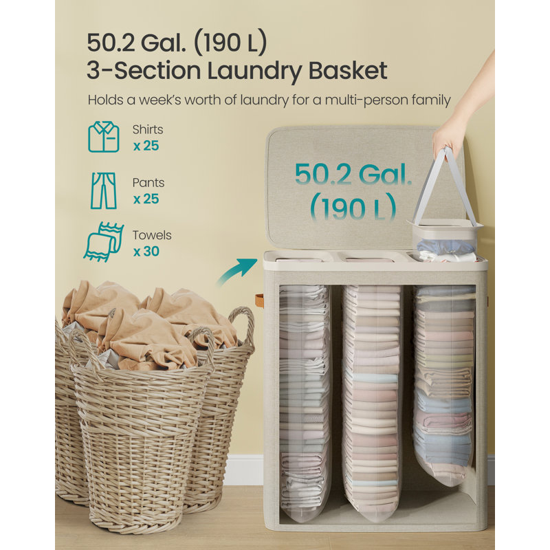 Large Laundry Hamper, 3-Compartment Basket With Removable Liners, Easy Assembly Basket For Bedroom, Handles, Beige