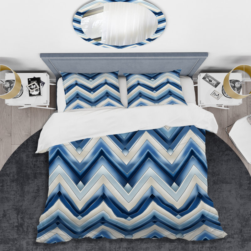 Ensemble de housse de couette à chevrons bleu cobalt et blanc rétro en polyester microfibre