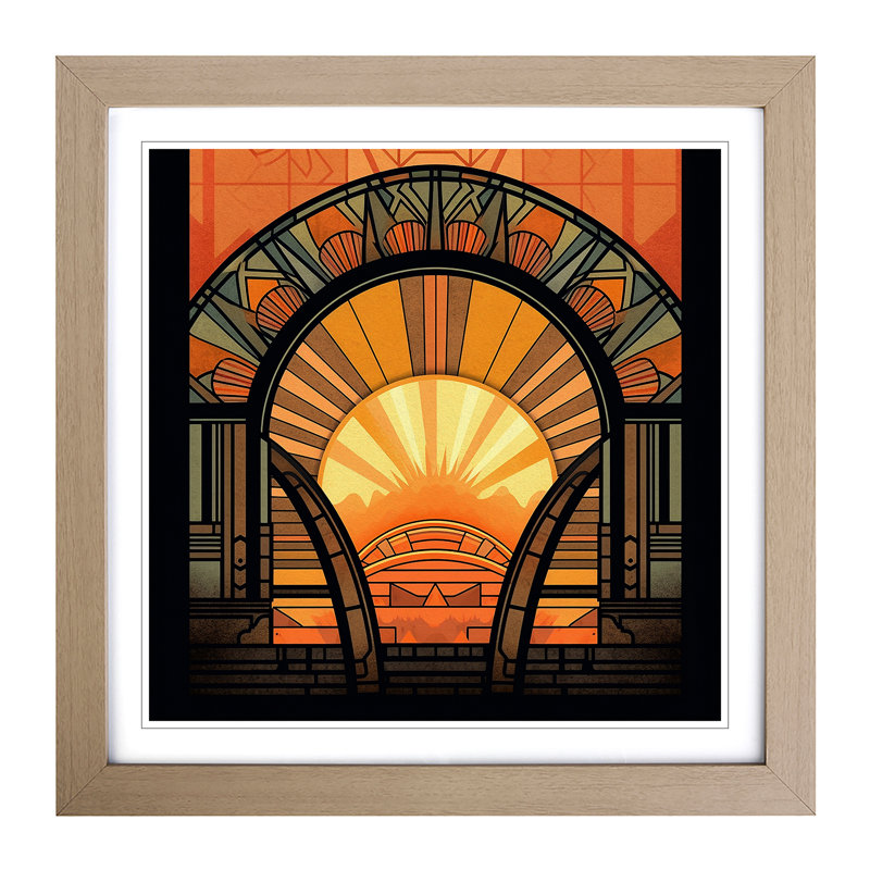 Sunrise Art Deco No.4 - Single Picture Frame Print on Wood, Oak