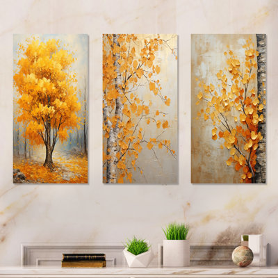 «Yellow American Basswood Forest I», ensemble d'art mural sur toile 3 arbres