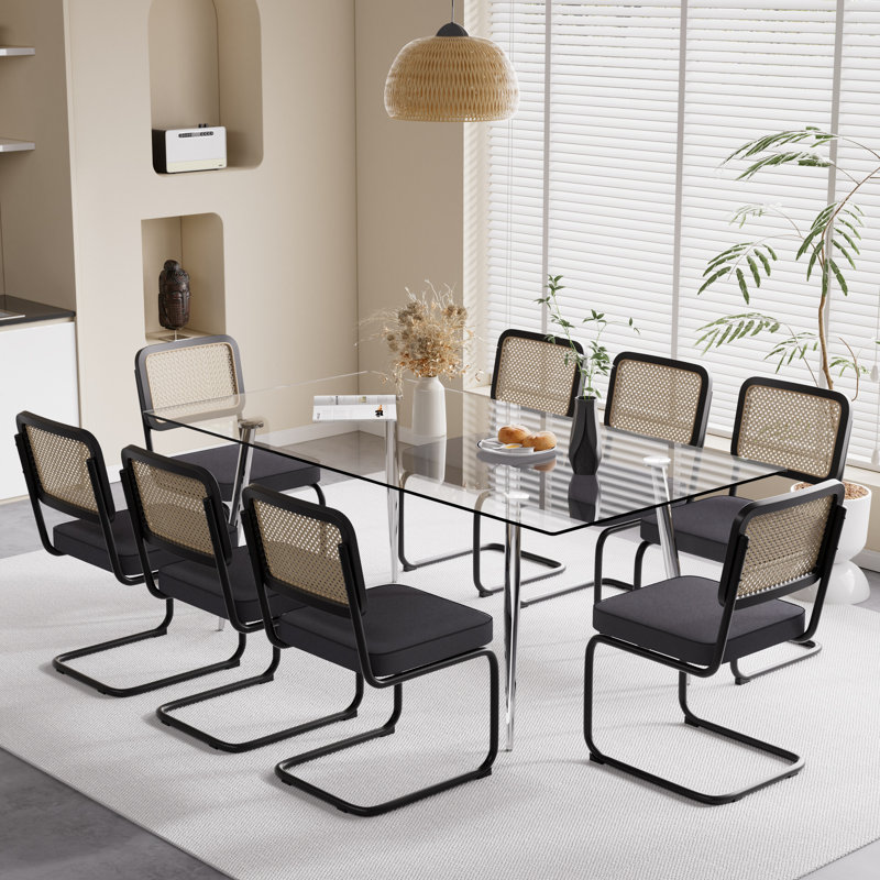 71In Rectangle Glass Top Dining Set With Velvet Chairs, Black, 9