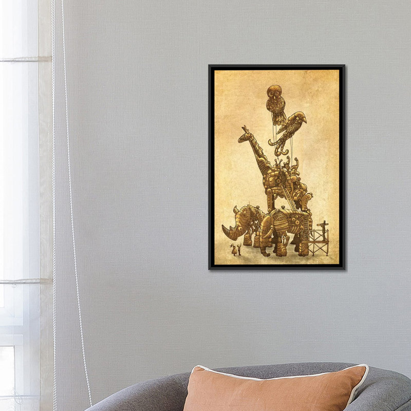 « the clockwork menagerie », impression sur toile, H 26 po x l 18 po x P 1,5 po, Toile avec cadre noir, Pas de tapis
