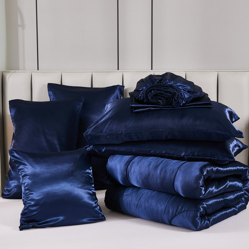 Ensemble d'édredon en satin avec draps pour lit très grand 8 pièces en satin de soie bleu marine, Marine