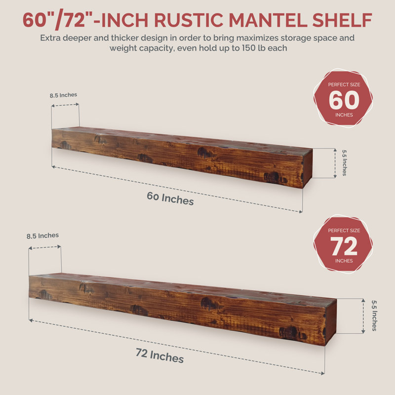 60" Rustic Fireplace Mantel Shelf, Dark Brown Wood, 5.5"H x 72"W x 8.5"D