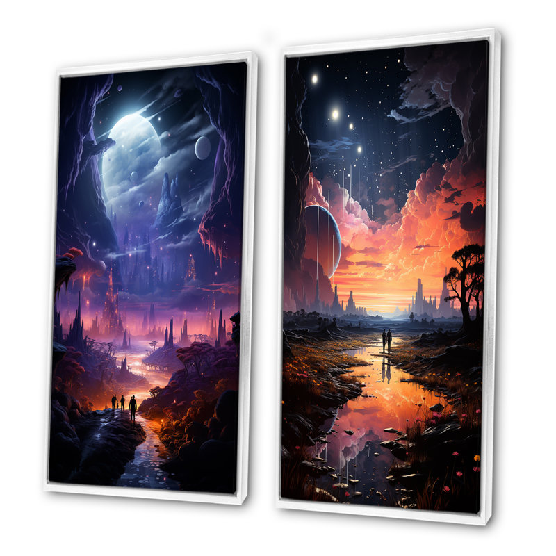 «Blue and Pink Astral Walk To The Moon I», ensemble de 2 impressions sur toile, Cadre blanc, H 40 po x l 41 po