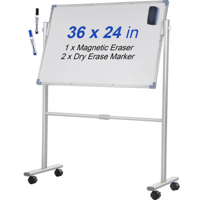 Mobile Magnetic Whiteboard, 36 X 24 Inch, Double Sided, 360 Degree Reversible Rolling Dry Erase Board, Height Adjustable With Aluminum Frame And Lockable Swivel Wheels, For Office School Home