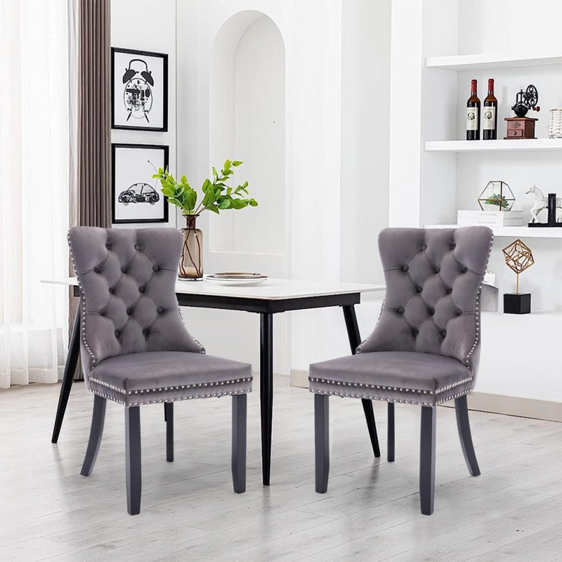 Chaise de salle à manger en velours avec anneau à dossier et pieds en bois massif, 2, Gris, Noir