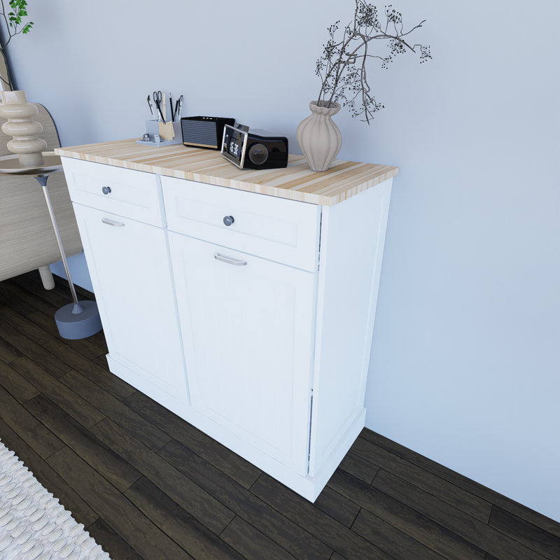 White Two Drawers And Two Compartments Tilting Garbage Cabinet Kitchen Garbage Cabinet
