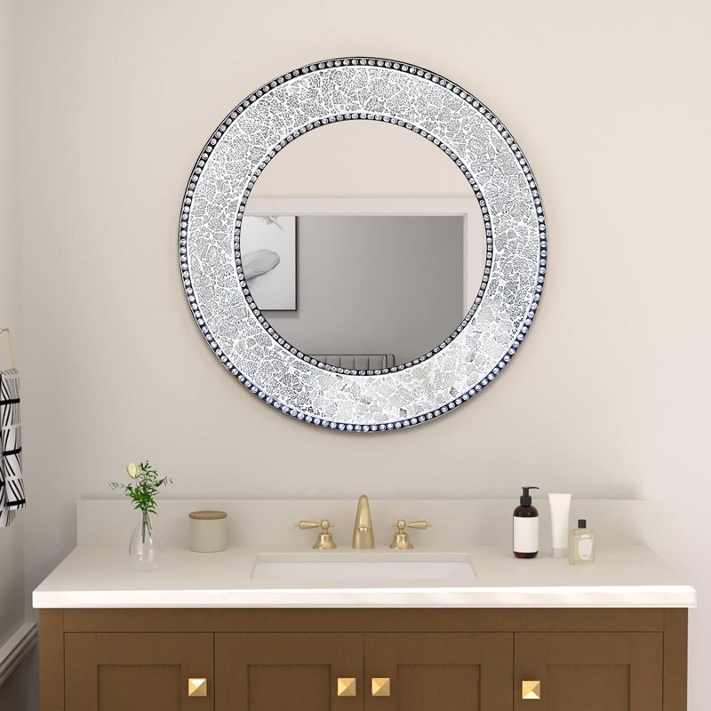 Artisan Silver Mosaic 24'' Round Wood & Glass Wall Mirror