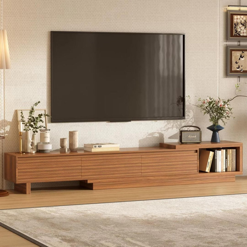 78.74" Asymmetrical Modern TV Stand for TVs up to 85", Tiered Walnut Media Console with 3 Drawers, Brown Wood