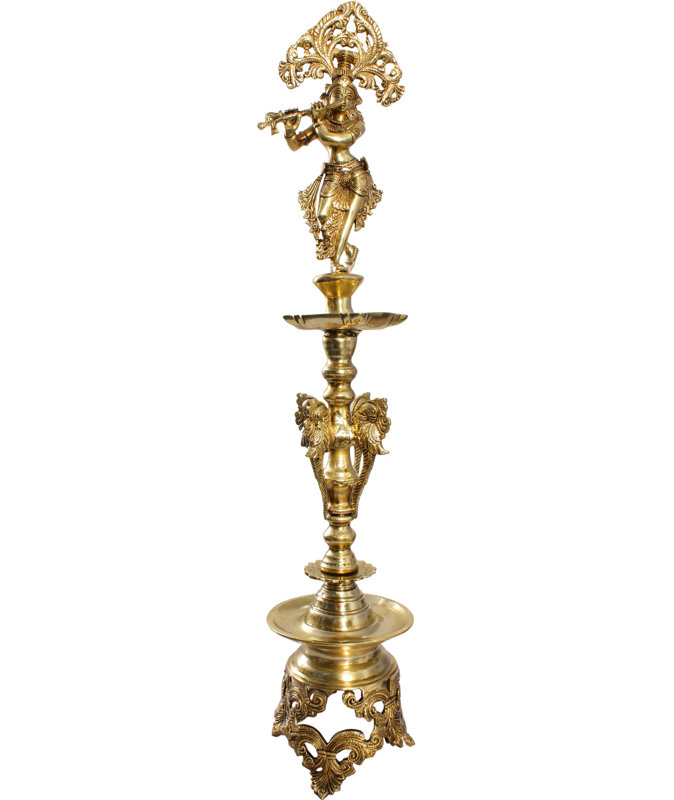 27" Large Fluting Krishna Brass Lamp - Handmade Indian Puja Oil Diya Statue Home Altar Decor