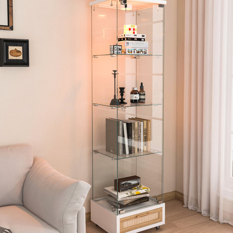 Élégant étui de rangement en verre trempé à quatre niveaux avec tiroir, 13 lumières à DEL de couleur et mobilité flexible pour le décor de bureau