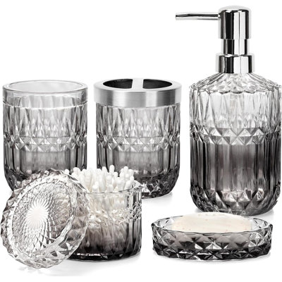 Ensemble d'accessoires de salle de bain, ensemble de distributeur de savon de salle de bain 5 pièces, accessoires de salle de bain en verre avec distributeur de savon en verre (dégradé transparent et noir)