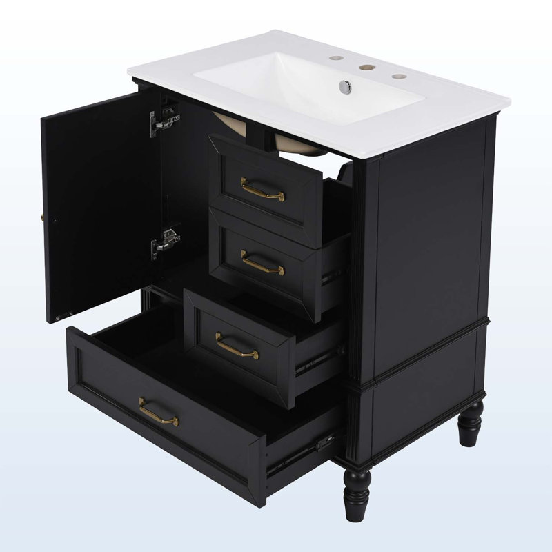 Armoire de salle de bain avec lavabo, porte et trois tiroirs, Noir, noir, noir, noir