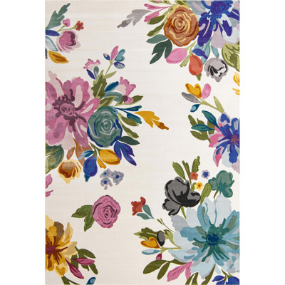 Tapis à motif floral vert / mauve / bleu / ivoire / gris / orange Aludra