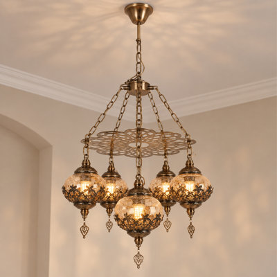 Lustre suspendu marocain à 6 lumières en verre mosaïque, 50 cm de large, idéal pour salle à manger, salon ou hall d'entrée.