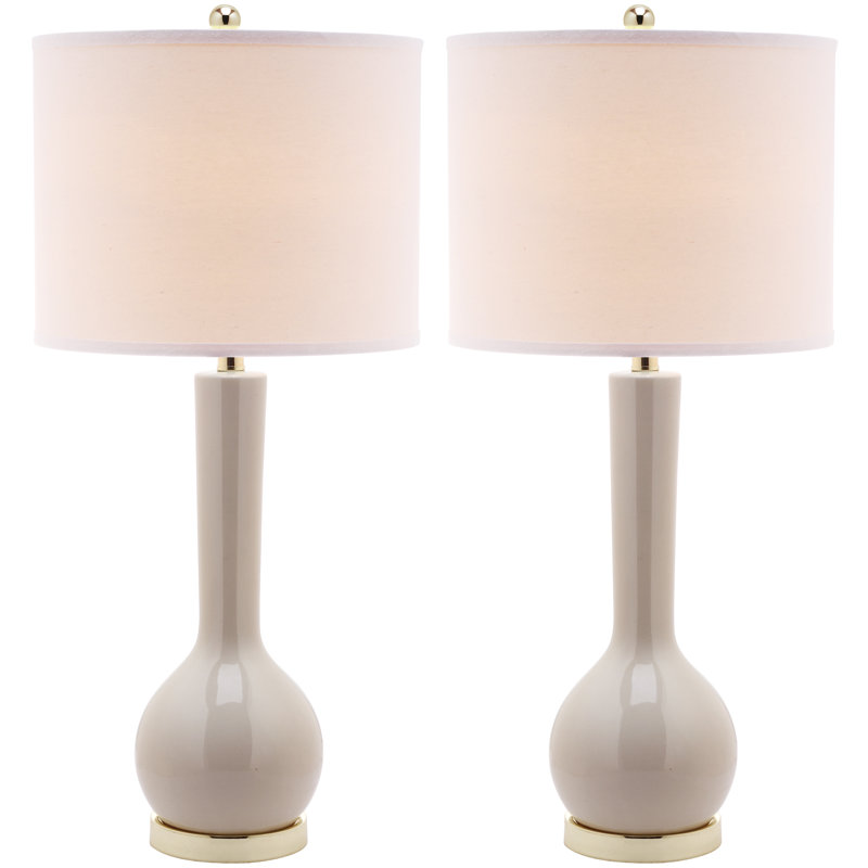Light Grey Ceramic Long Neck Table Lamp Set with White Cotton Shade