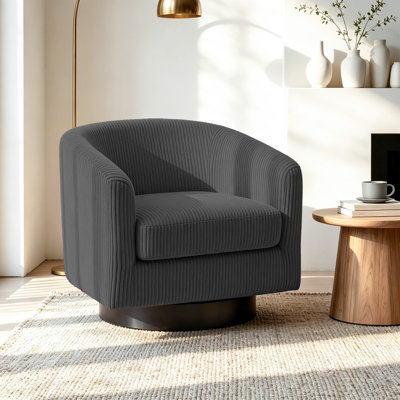 Applewold Upholstered Gray Corduroy Swivel Barrel Chair with Solid Wood Base